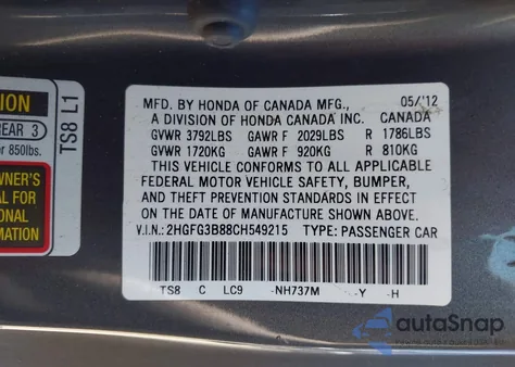 2012 Honda Civic Ex from USA, damaged, VIN 2HGFG3B88CH549215